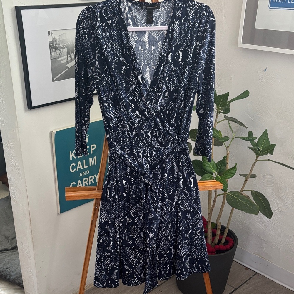 INC International Concepts Navy and White Patterned Dress Large
